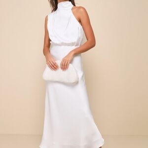 Lulus Distinctive Charm White Satin Asymmetrical Midi Dress - Size M